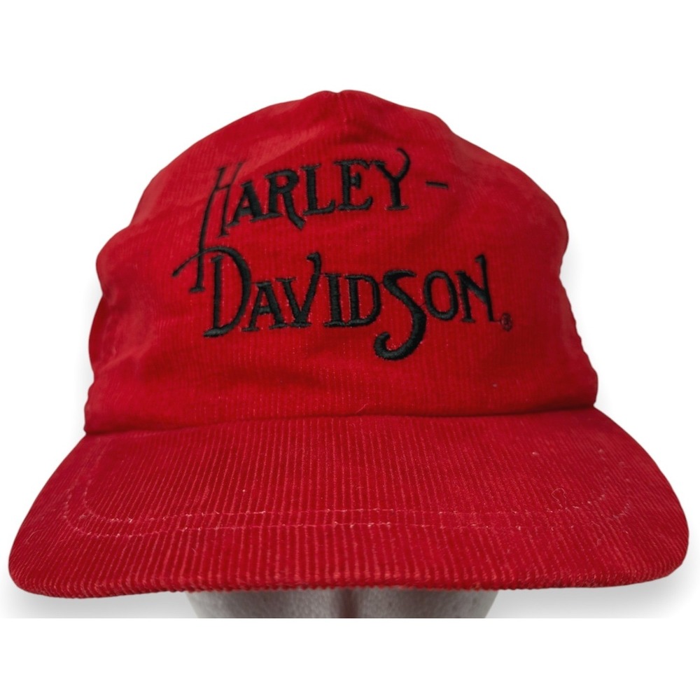 Vintage Harley Davidson Corduroy Snapback Hat Mens Adjustable Red Embroidered